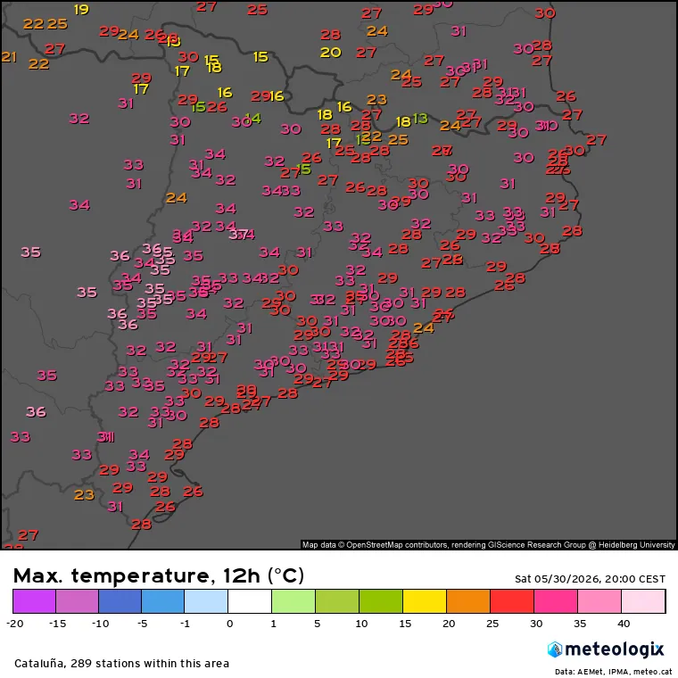 Màximes registrades el dissabte, amb valors propis de ple estiu a l'interior i màximes que voregen els 38 graus a Ponent.
